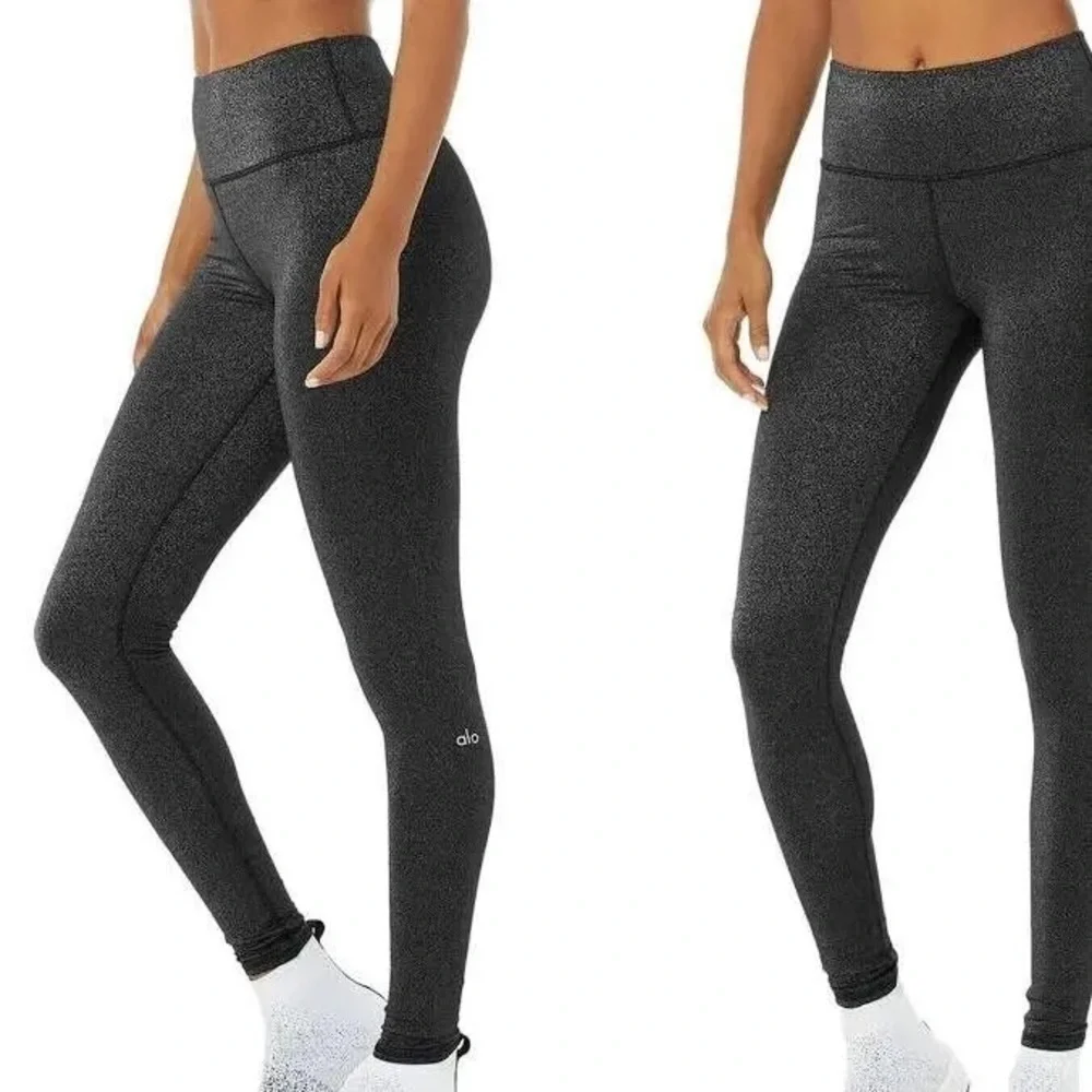 ALO Yoga Black Silver Metallic High Waisted Full Length Crackle Leggings Size S